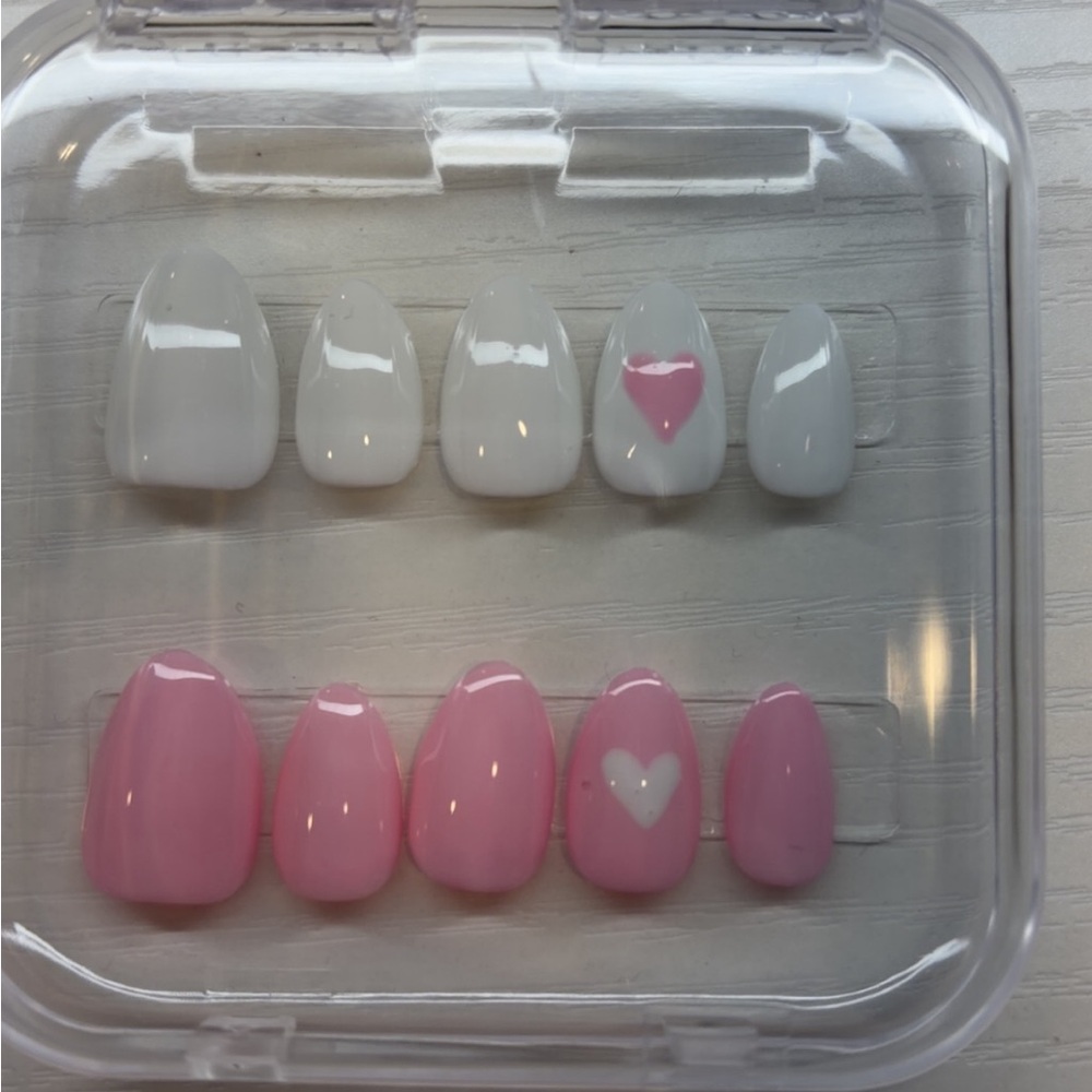 Pink and White Press-On Nails with Heart Design
